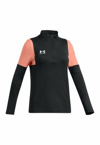 Schwarzer Langarm-Pullover mit einem halben Reißverschluss und korallenfarbenen Ärmeln. Verfügt über das Under Armour-Logo auf der Brust, glattes Material und eine taillierte Passform.
