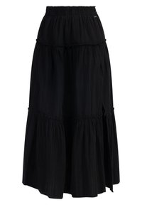 Zwarte, gelaagde maxi rok met een elastische tailleband, voorzien van ruches en een zijslit. Gemaakt van lichtgewicht stof met een gemêleerd afwerking.