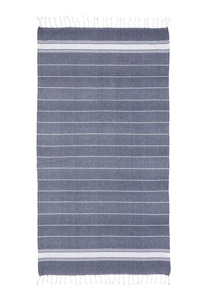 Rectangular dark blue towel with thin white horizontal stripes and white fringes on both shorter edges.