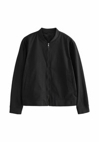 Schwarze Bomberjacke mit Reißverschluss auf der Vorderseite, geripptem Kragen und Seitentaschen. Hergestellt aus glattem, leichtem Stoff mit einer entspannten Passform.