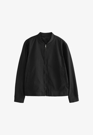 Giubbotto bomber nero con chiusura a zip, colletto a coste e tasche laterali. Realizzato in tessuto leggero e liscia con una vestibilità comoda.