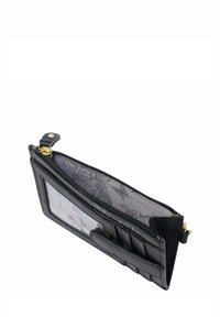 Schwarze Lederbörse mit Reißverschluss, transparentem Ausweisfenster und mehreren Kartenfächern mit floralem Innenfutter.