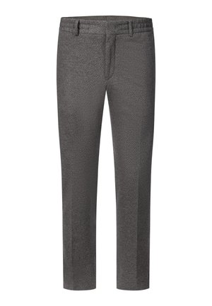 Dunkelgraue formelle Hose mit Gürtelschlaufen, Frontreißverschluss und geraden Beinen, dargestellt vor weißem Hintergrund.