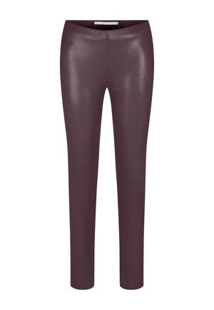 Straight-leg, high-waist, dark purple leather pants with a smooth, glossy finish and a brand label inside the waistband.