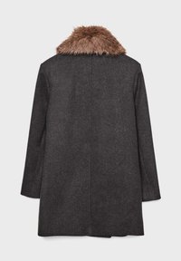 Cappotto in lana grigia scuro con maniche lunghe e colletto in pelliccia sintetica marrone, mostrato da dietro su uno sfondo chiaro e semplice.