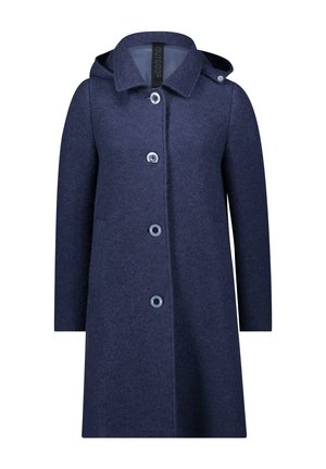 Marineblauer Wollmantel mit Kapuze, ausgestattet mit sechs Knöpfen, seitlichen Taschen und geradem Schnitt. Das Material hat eine strukturierte Oberfläche.