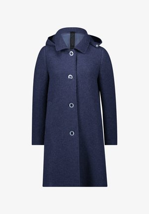 Manteau en laine marine avec capuche, comportant six boutons, des poches sur les côtés et une coupe droite. Le matériau présente une finition texturée.