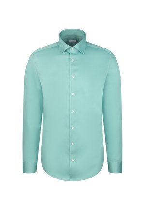 Mintgrøn herreskjorte med lange ærmer, spids krave og hvide knapper ned foran mod en hvid baggrund.