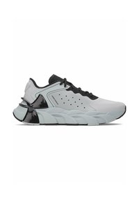 Modern gray and black athletic sneaker with thick segmented sole, black laces, and perforated side panel, branded with Under Armour logo.