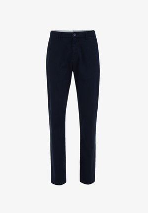 Tumedate puuvillased chino pükse otse jala disainiga, millel on esi-nupulukku, vöölõngad ja küljetaskud. Sile tekstuur.