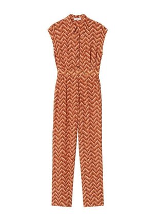 Ärmeløs rust- og beige zigzag-mønstret jumpsuit med knaplukning foran og krave, med et matchende bælte i taljen.