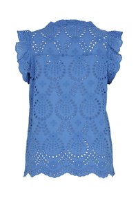 Camicia di cotone blu con dettagli in pizzo ad occhio, orlo scallop e maniche volantee. Il retro presenta un motivo floreale simmetrico.