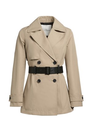 Beige dubbelknäppt trenchcoat med svart bälte, stor krage och knäppta ärmslut. Tillverkad av slät tyg, med två framfickor.