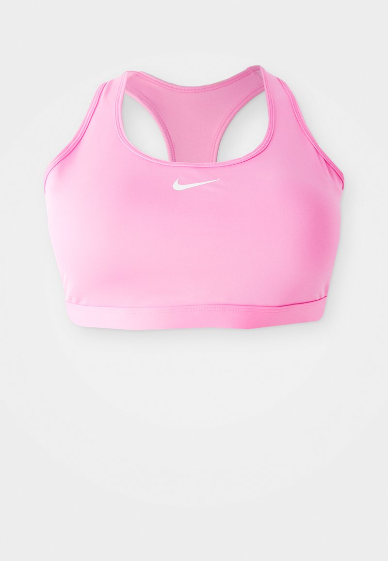 Rosa sport-bh i mjukt, stretchigt material. Har en racerback-design och en vit Nike-logotyp på framsidan.