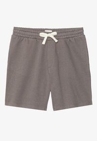 Gray cotton shorts with a drawstring waist, side pockets, and a smooth texture. Simple, casual design with a relaxed fit.