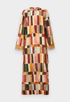 Long dress with wide sleeves, colorful vertical and horizontal rectangular patterns, and fringe detail on sleeve cuffs.