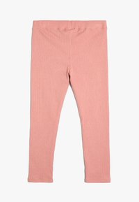 Leggings en tricot côtelé rose pour enfants avec une taille élastique, présentées à plat sur un fond blanc.