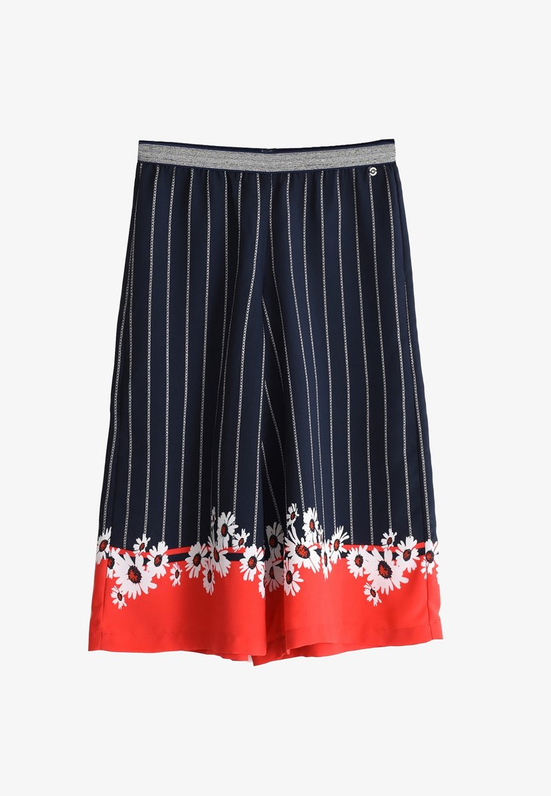 Culottes marine avec des rayures verticales blanches, ornées d'un motif floral rouge le long de l'ourlet, et une taille élastique grise.