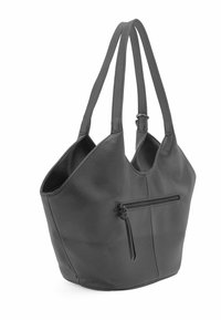 Grijze leren totebag met twee lange handvatten, een ritszak aan de buitenkant en een gestructureerd, hoekig ontwerp. Gladde textuur met minimale details.