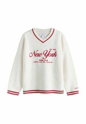 White v-neck sweater with red accents. Features "New York SOCIAL CLUB" text and horizontal striped hem. Soft texture, relaxed fit.