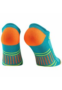 Turquoise socks with orange heel and toe accents. Features horizontal stripes and vertical lines on the sides, made from smooth fabric.