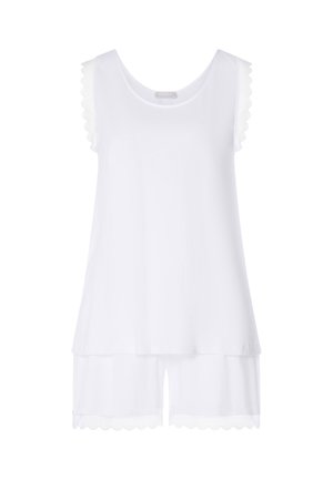Hvid ærmeløs top og shorts sæt med skålsyet blonderkant på ærmer, kant og shorts kanter.