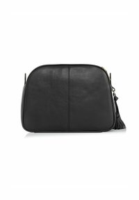 Czarna skórzana torebka crossbody o zaokrąglonym kształcie, teksturowanym wykończeniu, z zamkiem błyskawicznym na górze oraz bocznym detalem w postaci frędzla.