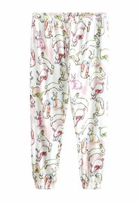 Bawełniane spodnie piżamowe z białym tłem, kolorowymi ilustracjami królików w różowym, żółtym i czarnym konturze, z elastyczną talią.