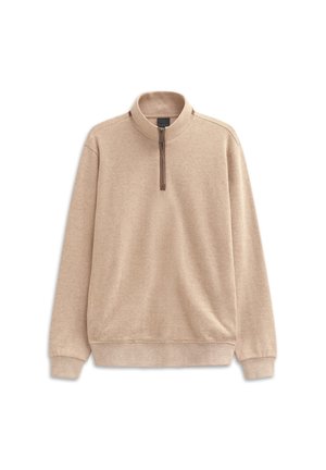 Beiger Quarter-Zip-Pullover aus strukturiertem Material. Mit Stehkragen, langen Ärmeln und geripptem Saum sowie Bündchen.