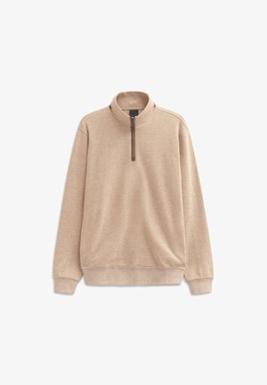 Beiger Quarter-Zip-Pullover aus strukturiertem Material. Mit Stehkragen, langen Ärmeln und geripptem Saum sowie Bündchen.
