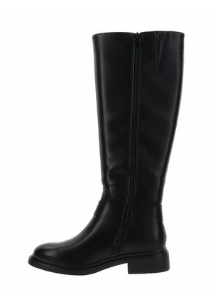 Bottes en cuir noires jusqu'aux genoux au design épuré, dotées d'une fermeture éclair sur le côté, d'un talon plat et d'une texture lisse. Aucuns motifs ni accents visibles.