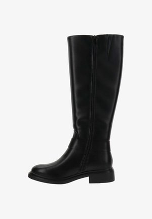 Botas de cuero negras hasta la rodilla con un diseño elegante, que presentan una cremallera lateral, tacón plano y textura suave. Sin patrones ni acentos visibles.