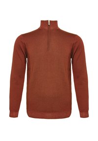Ziegelroter Pullover mit Reißverschluss am Kragen und langen Ärmeln. Aus weichem Stoff gefertigt, mit schmaler Passform sowie geripptem Saum und Bündchen. Schlichtes Design, ohne Muster.