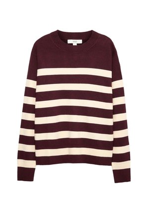 Suéter a rayas en tonos marrón y crema con un cuello redondo acanalado y puños ribeteados. Confeccionado en un suave material de punto, presenta rayas horizontales de diferentes anchos.