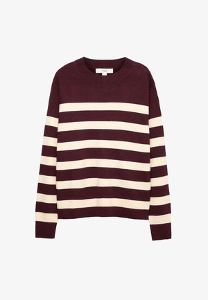 Sweter w bordowo-kremowe paski z prążkowanym okrągłym dekoltem i mankietami. Wykonany z miękkiego materiału dziewiarskiego, z poziomymi paskami o różnej szerokości.