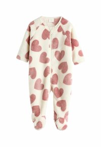 Baby-Overall aus Fleece mit einem cremefarbenen Hintergrund und großen rosa Herzmustern, vorderer Reißverschluss über die gesamte Länge und Fußdesign für Wärme.