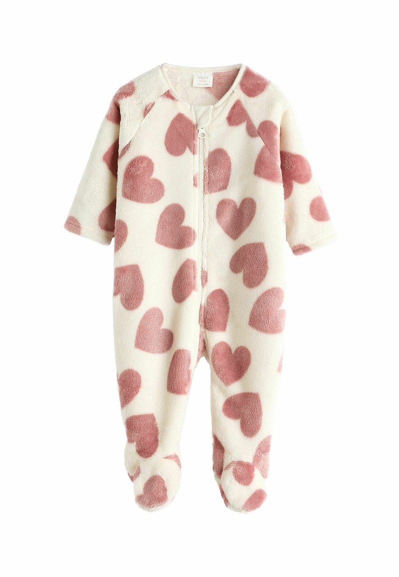 Baby-Overall aus Fleece mit einem cremefarbenen Hintergrund und großen rosa Herzmustern, vorderer Reißverschluss über die gesamte Länge und Fußdesign für Wärme.