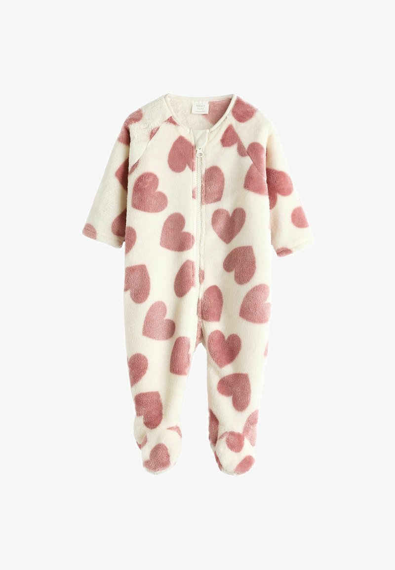 Baby-Overall aus Fleece mit einem cremefarbenen Hintergrund und großen rosa Herzmustern, vorderer Reißverschluss über die gesamte Länge und Fußdesign für Wärme.