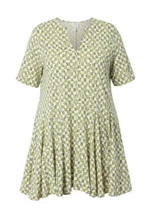 Grün kariertes Kleid mit kurzen Ärmeln und V-Ausschnitt. Mit blauen und weißen Blumenmustern, Raffung des Rocks für ein ausgestelltes Design.