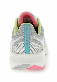 Gray athletic shoe with a mesh design, featuring a pink and green heel collar, blue detailing, and a textured white sole with pink accents.