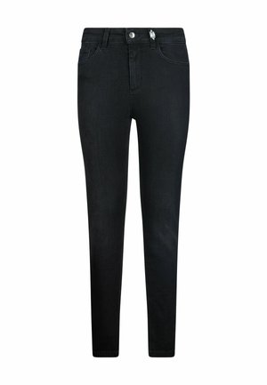 Jean noir ajusté avec une fermeture à boutons et zipper à l'avant, doté de passants pour ceinture et de poches avant.