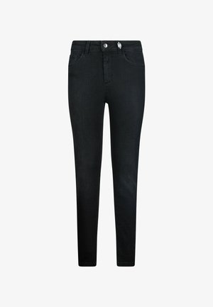 Crne traperice uskog kroja s gumbom sprijeda i zatvaranjem na patentni zatvarač, s petljama za remen i prednjim džepovima.