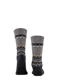 Knit socks featuring a dark grey and black color scheme with a geometric pattern in beige and white on the cuff and body.