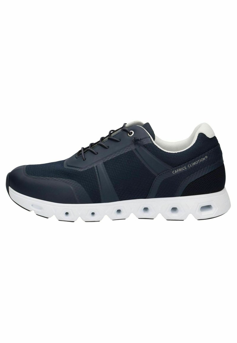 Marine-farbene Sportschuhe mit weißer Sohle, Obermaterial aus Mesh und verstärkter Zehenpartie; verfügt über sechseckige Ausschnitte in der Sohle für besseren Halt.