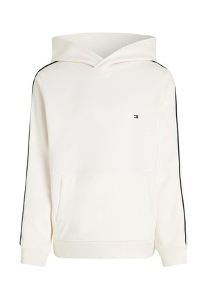 Felpa bianca con cappuccio realizzata in tessuto morbido. Presenta una tasca frontale, polsini a costine e strisce nere sulle spalle. Logo piccolo sul petto.