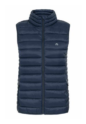 Gilet imbottito blu navy con colletto alto, chiusura con zip e tasche laterali; presenta un motivo a righe orizzontali e un logo sul petto.