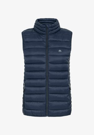 Námořnická modrá prošívaná vesta s vysokým límcem, zipem vpředu a bočními kapsami; obsahuje horizontální prošívaný vzor a logo na hrudi.