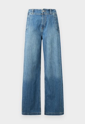 Hellblaue, weit geschnittene Jeans mit hoher Taille, ausgestattet mit zwei vorderen Taschen, Gürtelschlaufen und einer dezenten, ausgebleichten Textur.