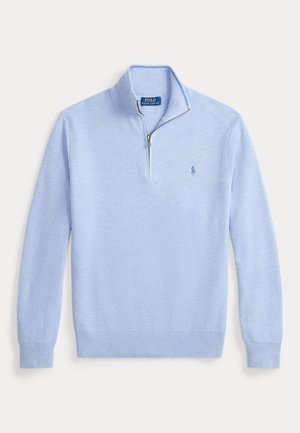Ανοιχτό μπλε πλεκτό πουλόβερ με μακριά μανίκια, φερμουάρ τετάρτου μήκους και μικρό κεντημένο λογότυπο Polo Ralph Lauren στο αριστερό στήθος.