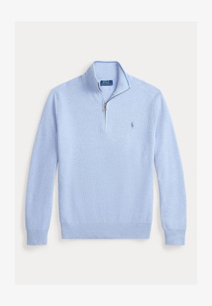 Svetlomodrý pletený sveter s dlhým rukávom, štvrťovým zipsom a malým vyšívaným logom Polo Ralph Lauren na ľavej strane hrudníka.